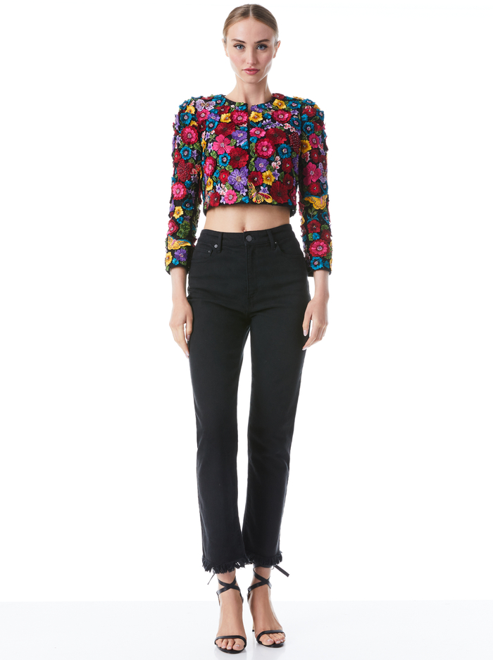 LORNA CROPPED FLORAL APPLIQUE JACKET - MULTI image 2 - Alice And Olivia