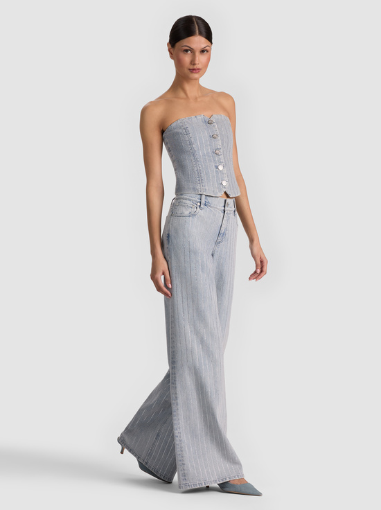 ROCKSTAR BLUE/CLEAR CRYSTAL PI-KELCEY STRAPLESS EMBELLISHED DENIM VEST