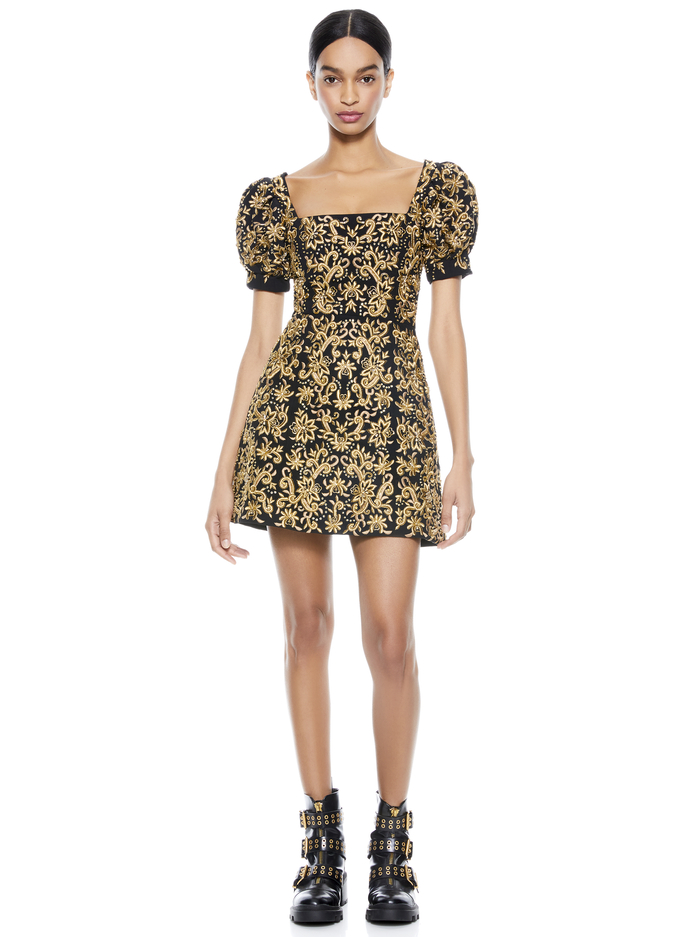 KRISTIAN EMBROIDERED MINI DRESS - BLACK/GOLD - Alice And Olivia