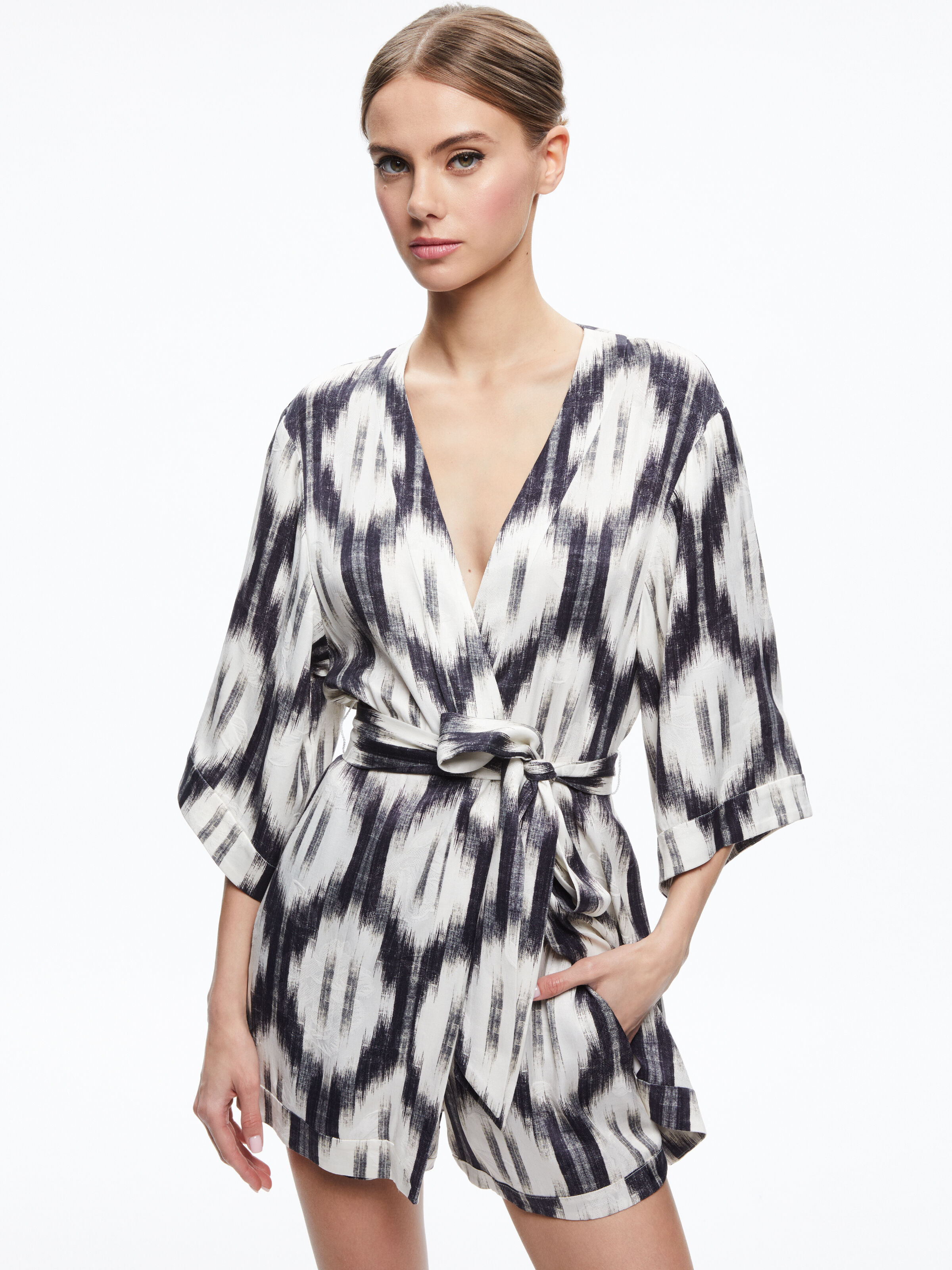 IKAT PRINT DOMINO KIMONO WITH TIE BELT + ASH TIE NECK HALTER