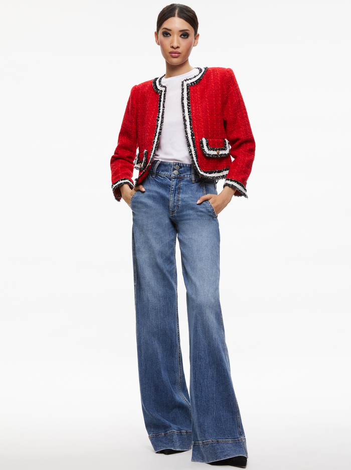 LANDON TWEED CROPPED JACKET - PERFECT RUBY/BLACK/WHITE - Alice And Olivia