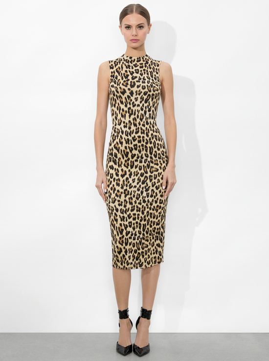 TEXTURED LEOPARD-DELORA FITTED MOCK NECK DRESS