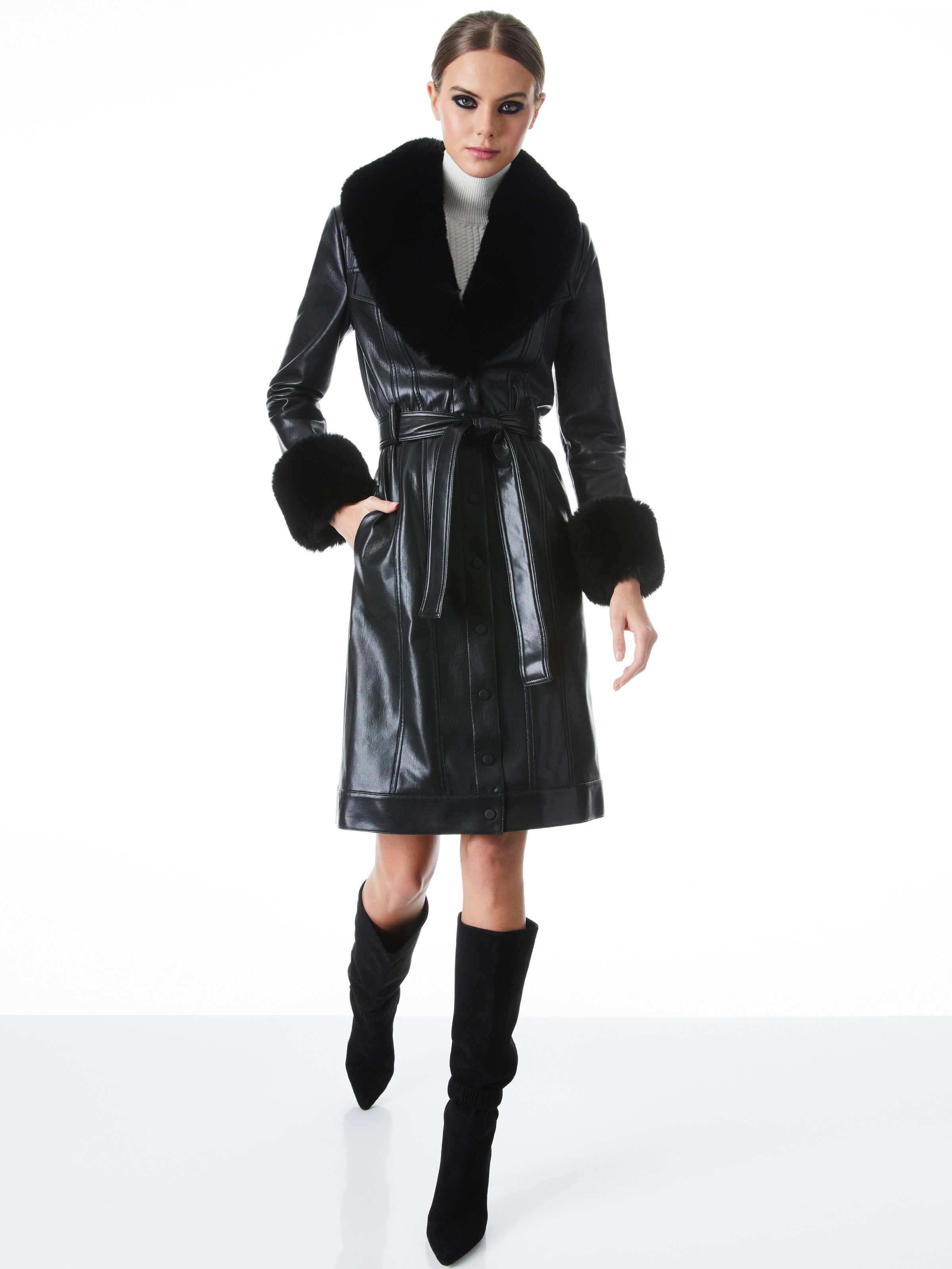 Stari Vegan Leather Faux Fur Combination Coat In Black Alice Olivia