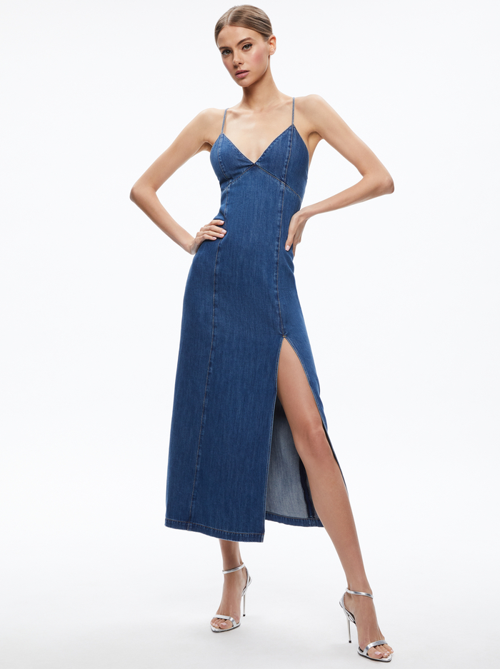 JULIETTA DENIM SLIP DRESS WITH SLIT - AVERY BLUE image 4 - Alice And Olivia