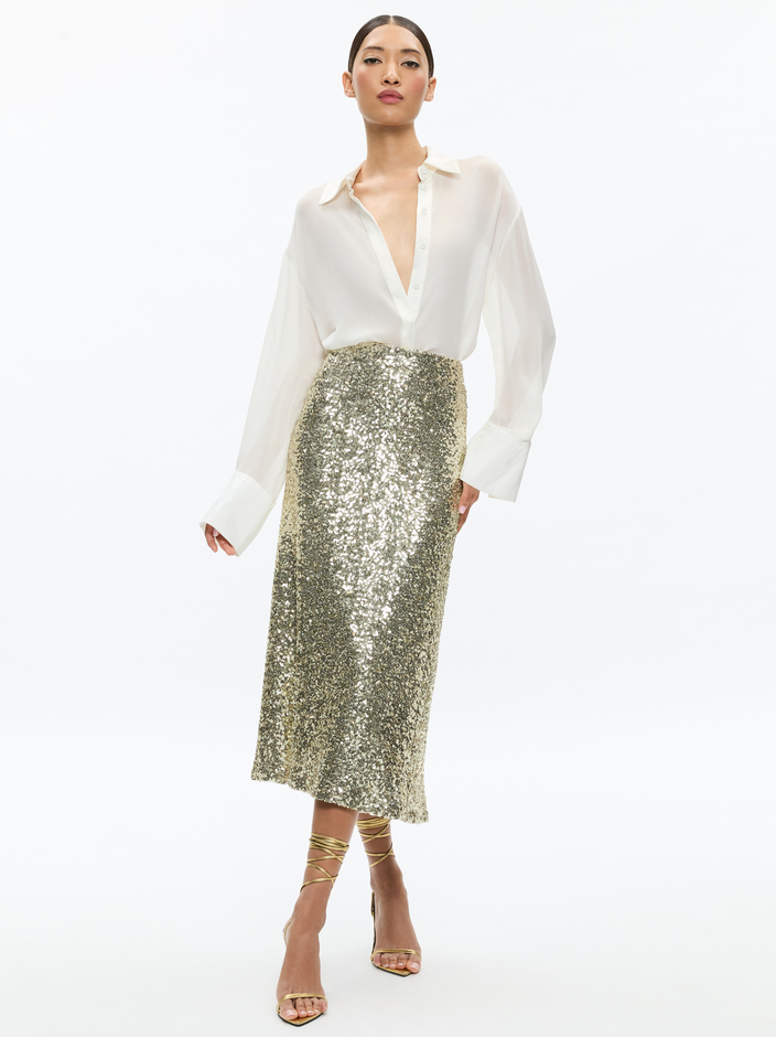 NEW HARVEY SEQUIN OPEN FRONT JACKET + MAEVE SEQUIN KICK FLARE SLIP SKIRT - 