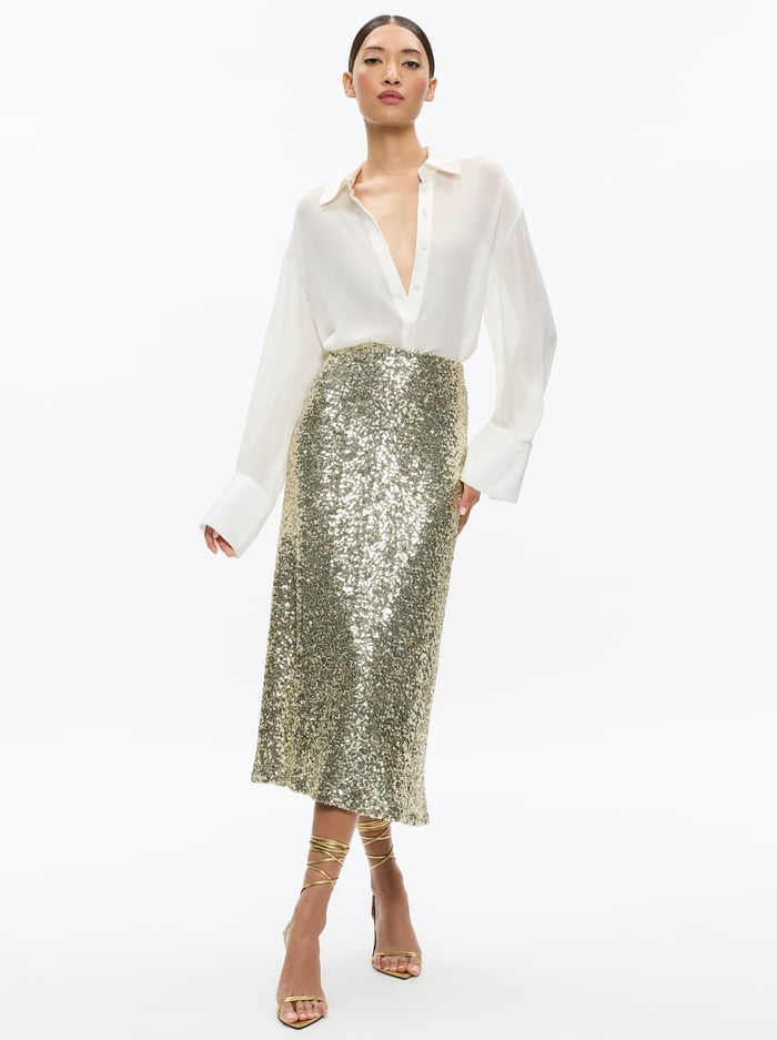 MAEVE SEQUIN KICK FLARE SLIP SKIRT - PALE GOLD image 1 - Alice And Olivia