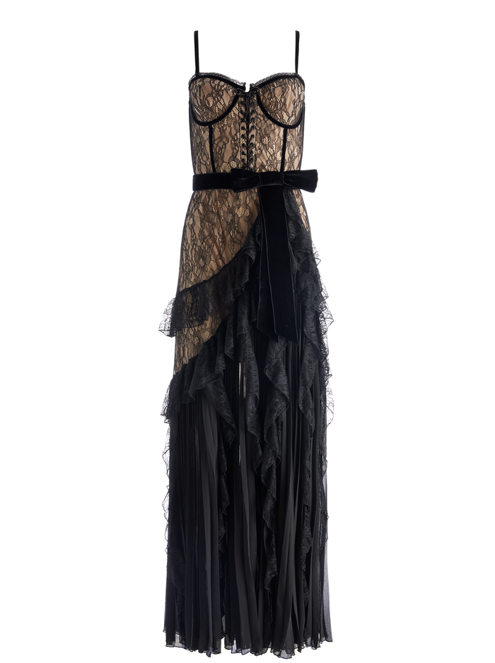 Chantil Lace Ruffle Gown In Black/almond | Alice And Olivia