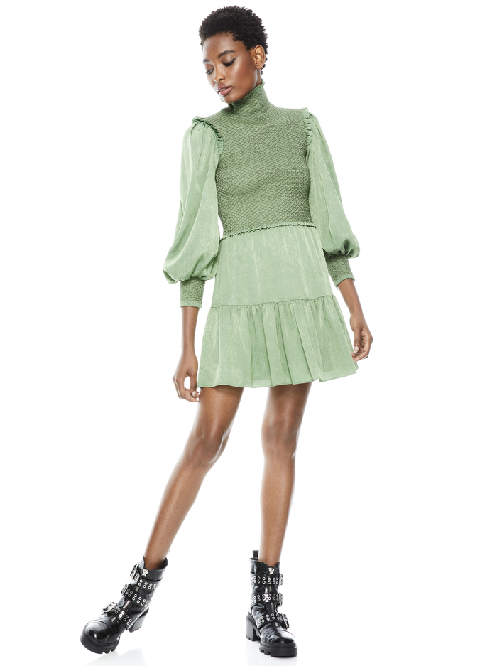 ELVIRA SMOCKED MOCK NECK MINI DRESS - SAGE image 5 - Alice And Olivia