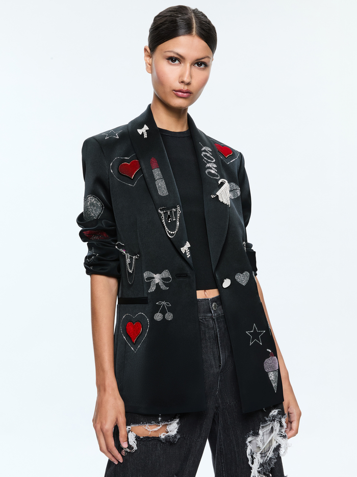IVAN EMBELLISHED BLAZER - BLACK/SILVER - Alice And Olivia