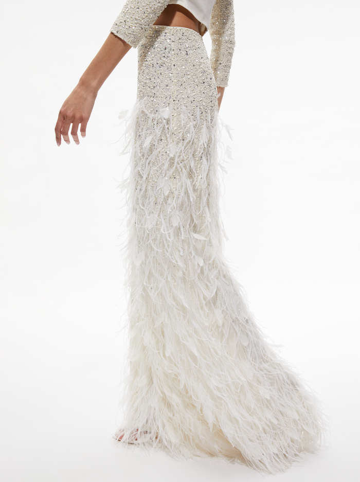 ASHTON EMBELLISHED FEATHER SKIRT - ECRU/ECRU - Alice And Olivia