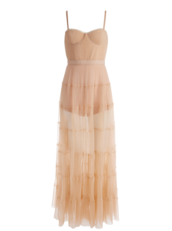 DEENA PLEATED MAXI DRESS WITH HOT PANT - ALMOND image 5 - Alice And Olivia