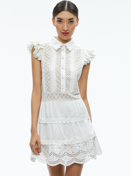 OFF WHITE-MEEKO EMBROIDERED RUFFLED SLEEVE SHIRT DRESS