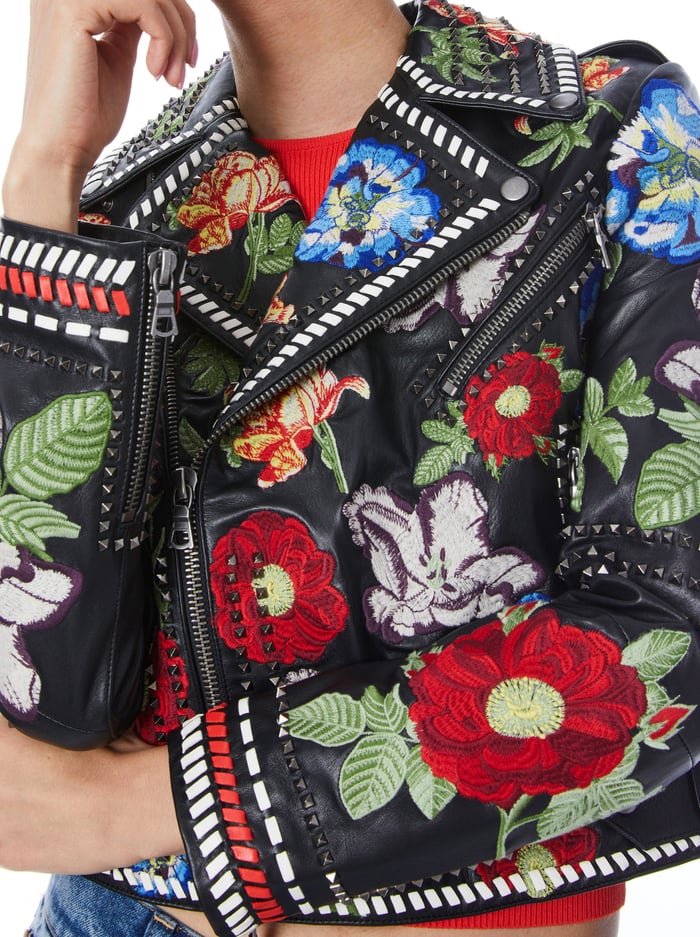 CODY EMBROIDERED LEATHER MOTO JACKET - ATRIUM FLORAL LG image 3 - Alice And Olivia
