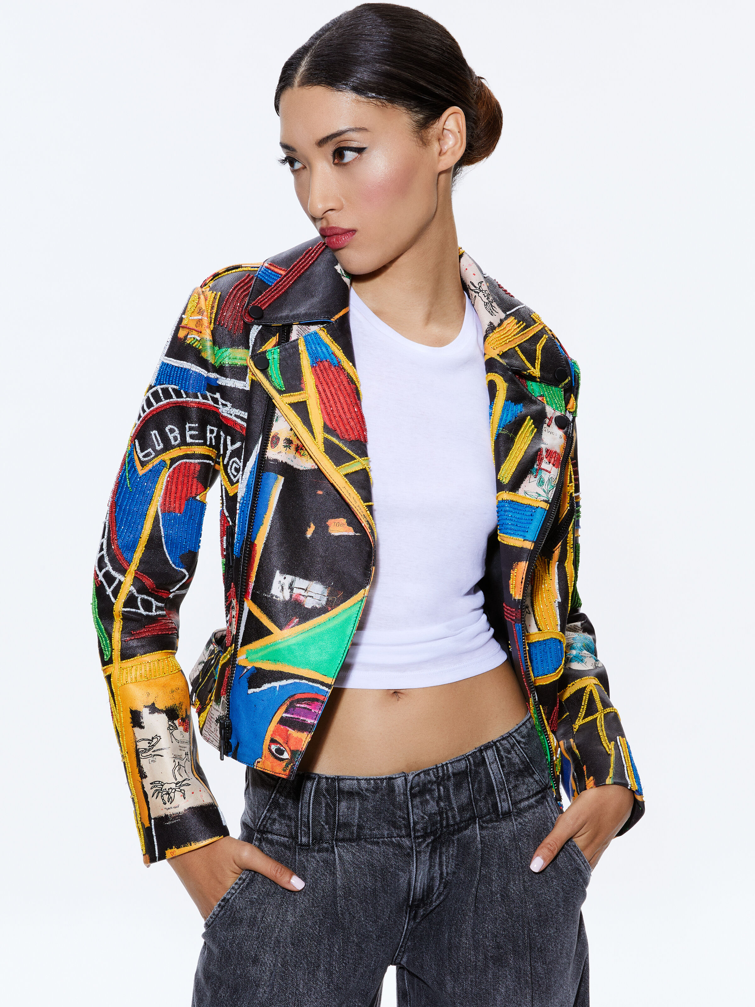 A o X Basquiat Cody Embellished Leather Jacket In Liberty Alice Olivia