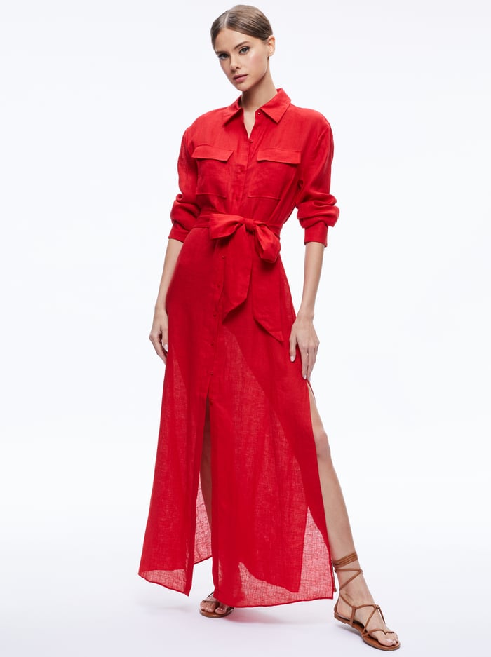 KEARA LINEN MAXI SHIRT DRESS - CINNAMON - Alice And Olivia