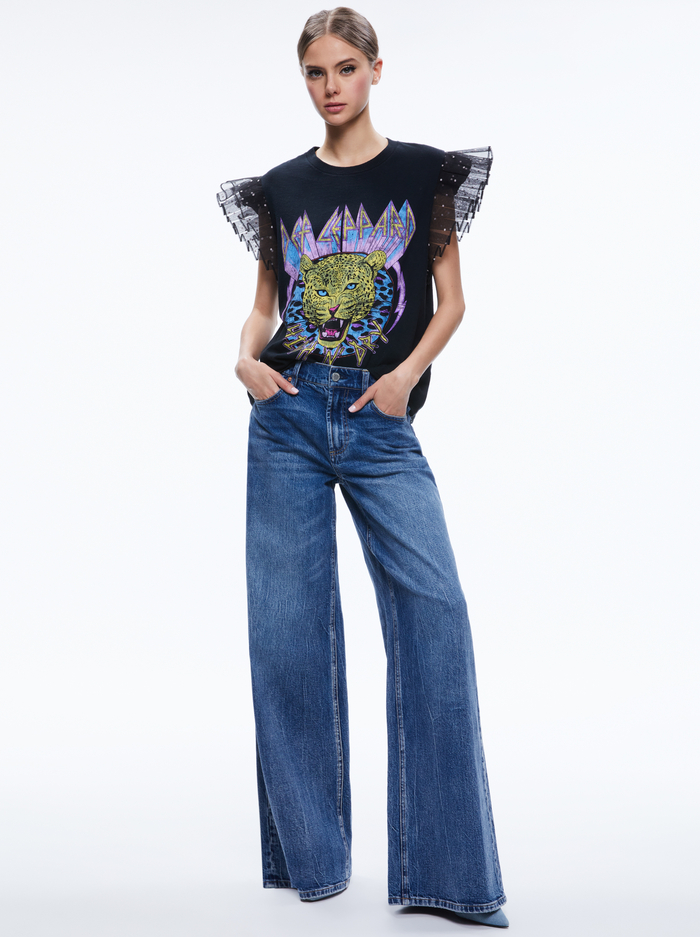 MILLER TEE WITH TULLE PUFF SLEEVES - BLACK/MULTI image 2 - Alice And Olivia