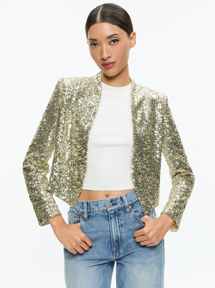 NEW HARVEY SEQUIN OPEN FRONT JACKET - PALE GOLD image 4 - Alice And Olivia