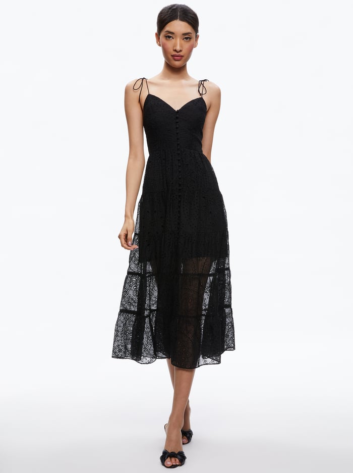 SHANTI BUTTON FRONT TIERED DRESS - BLACK - Alice And Olivia