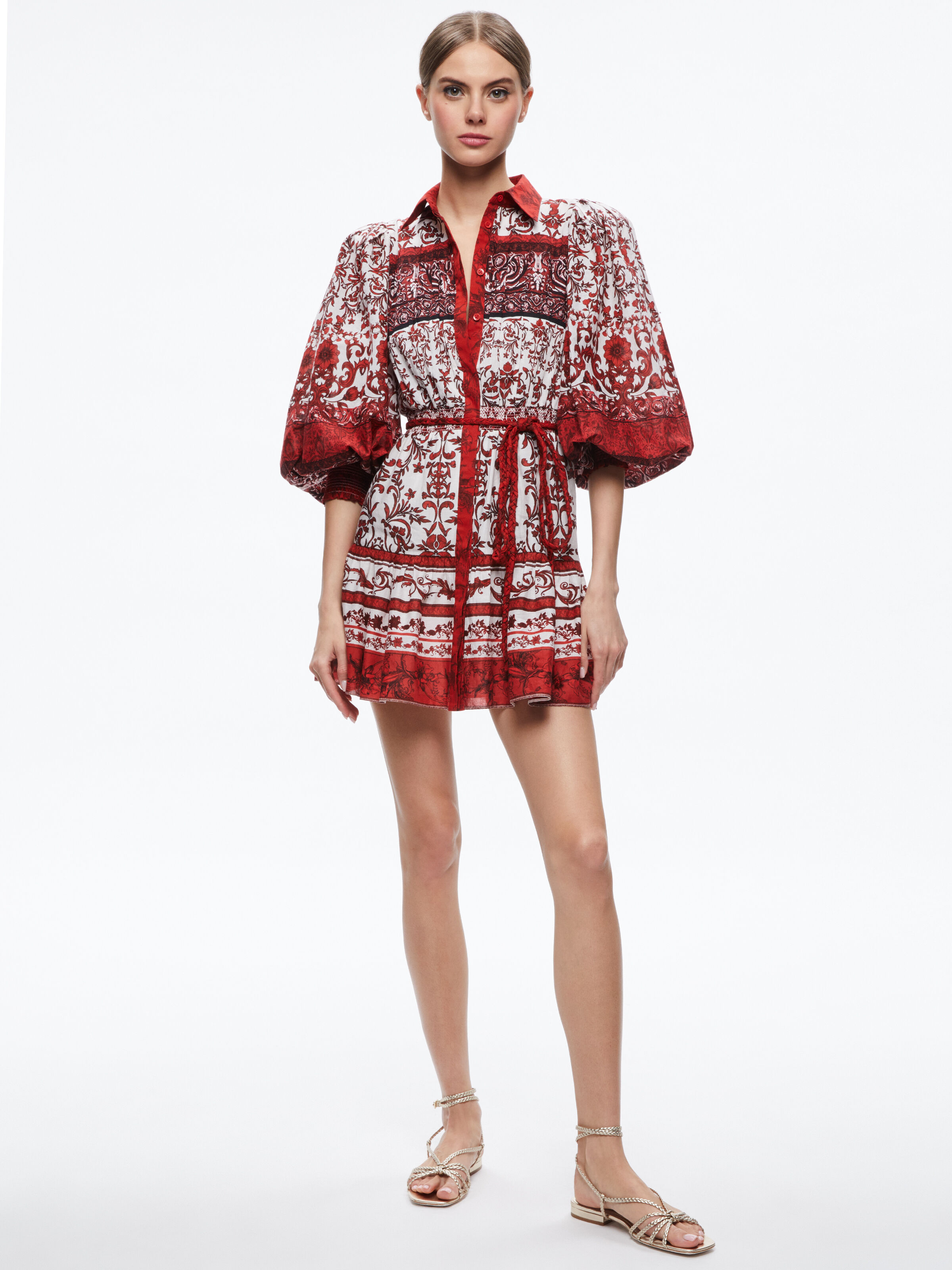 Alice＋Olivia ティフィー ショートスリーブ ミニワンピース Daisy Tie Front Tiered Ruffle Mini Dress In Blush Kiss Black
