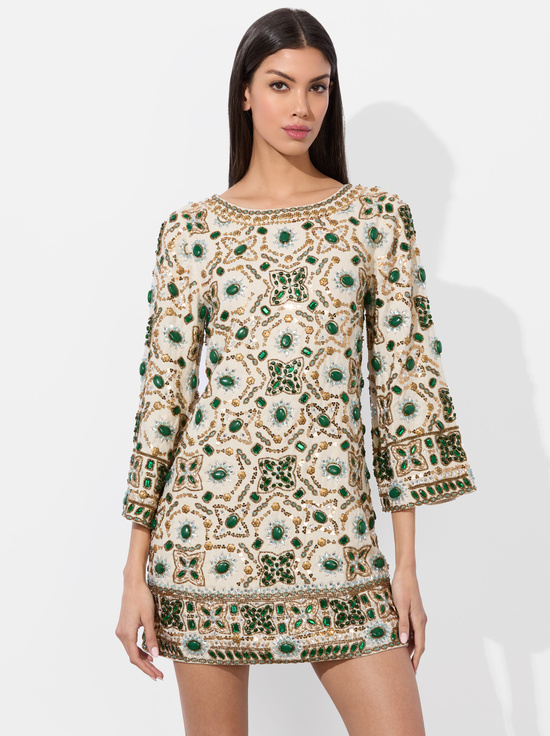OFF WHITE MULTI-ELEONORA EMBELLISHED TUNIC DRESS
