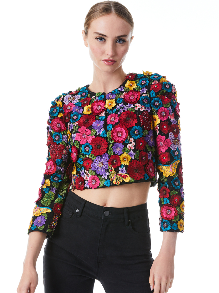 LORNA CROPPED FLORAL APPLIQUE JACKET - MULTI - Alice And Olivia