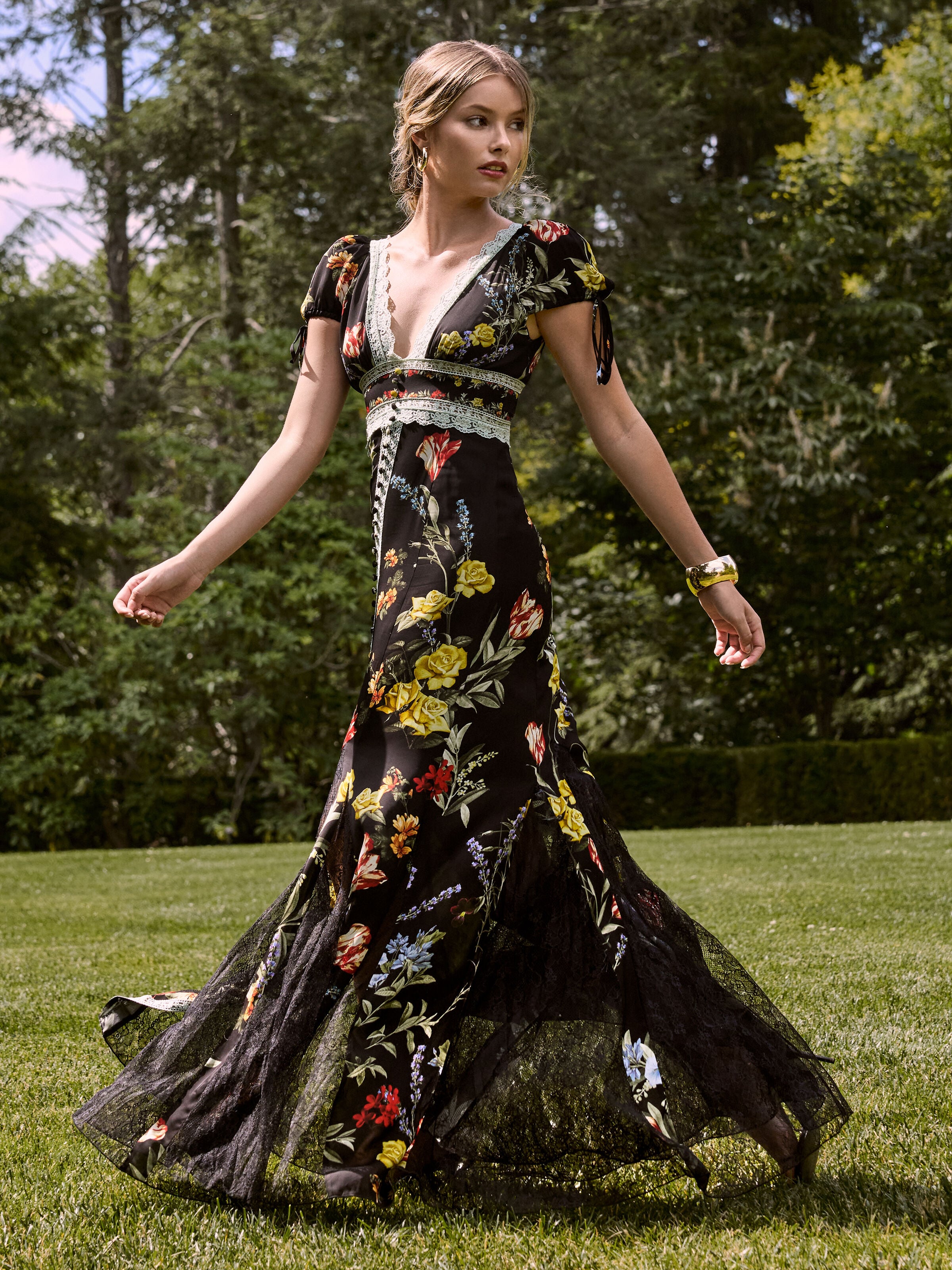 ROSE LACE TRIM MAXI DRESS in DESERT SPRIGS BLACK | ALICE + OLIVIA