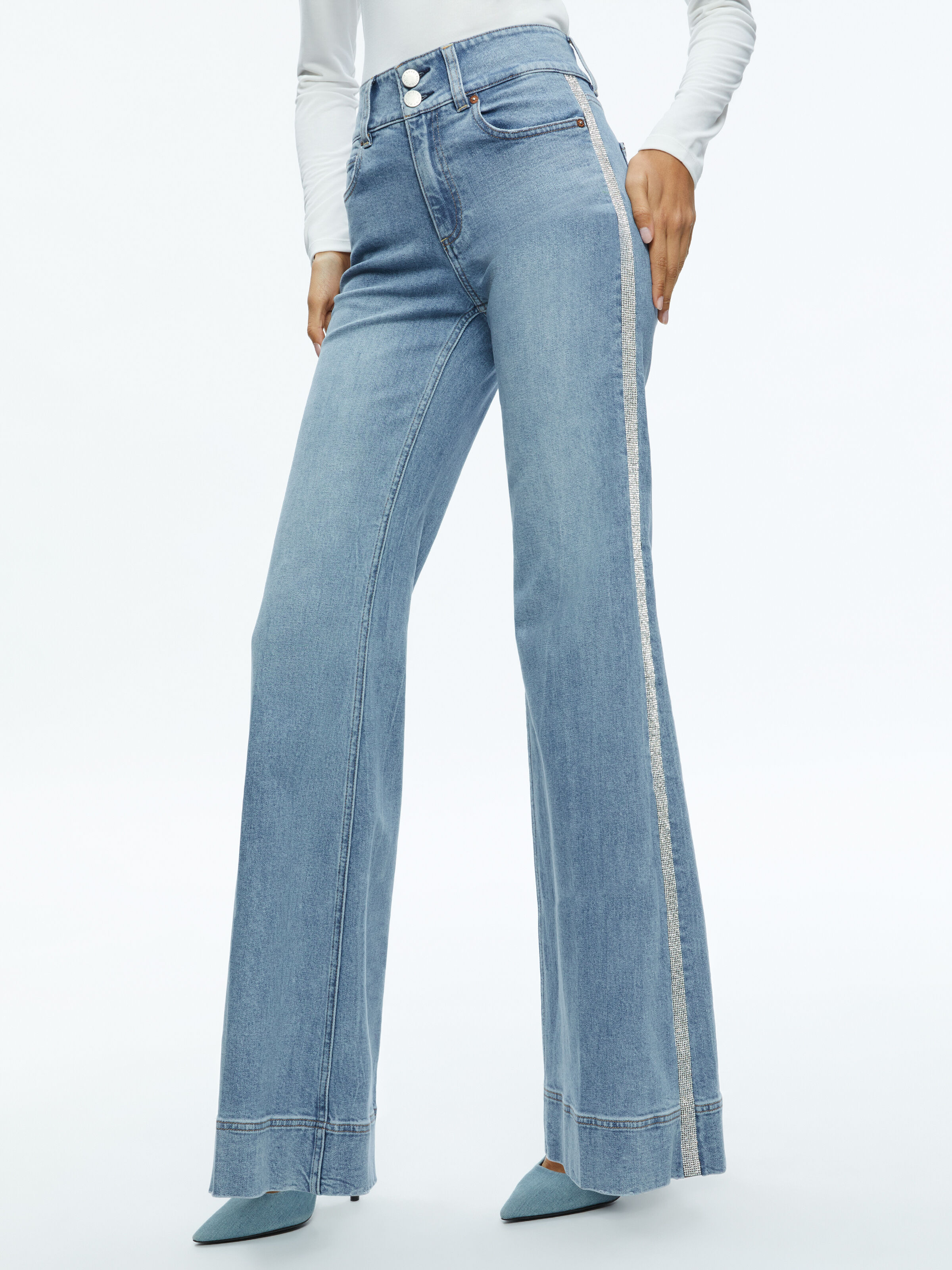 Missa High Rise Wide Leg Crystal Side Jean In Georgia Vintage Blue Alice Olivia