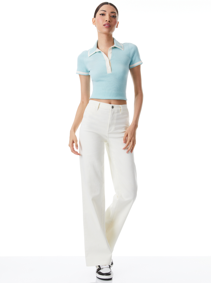 PIA RIBBED KNIT POLO SHORT SLEEVE SWEATER - JULEP/ECRU image 4 - Alice And Olivia