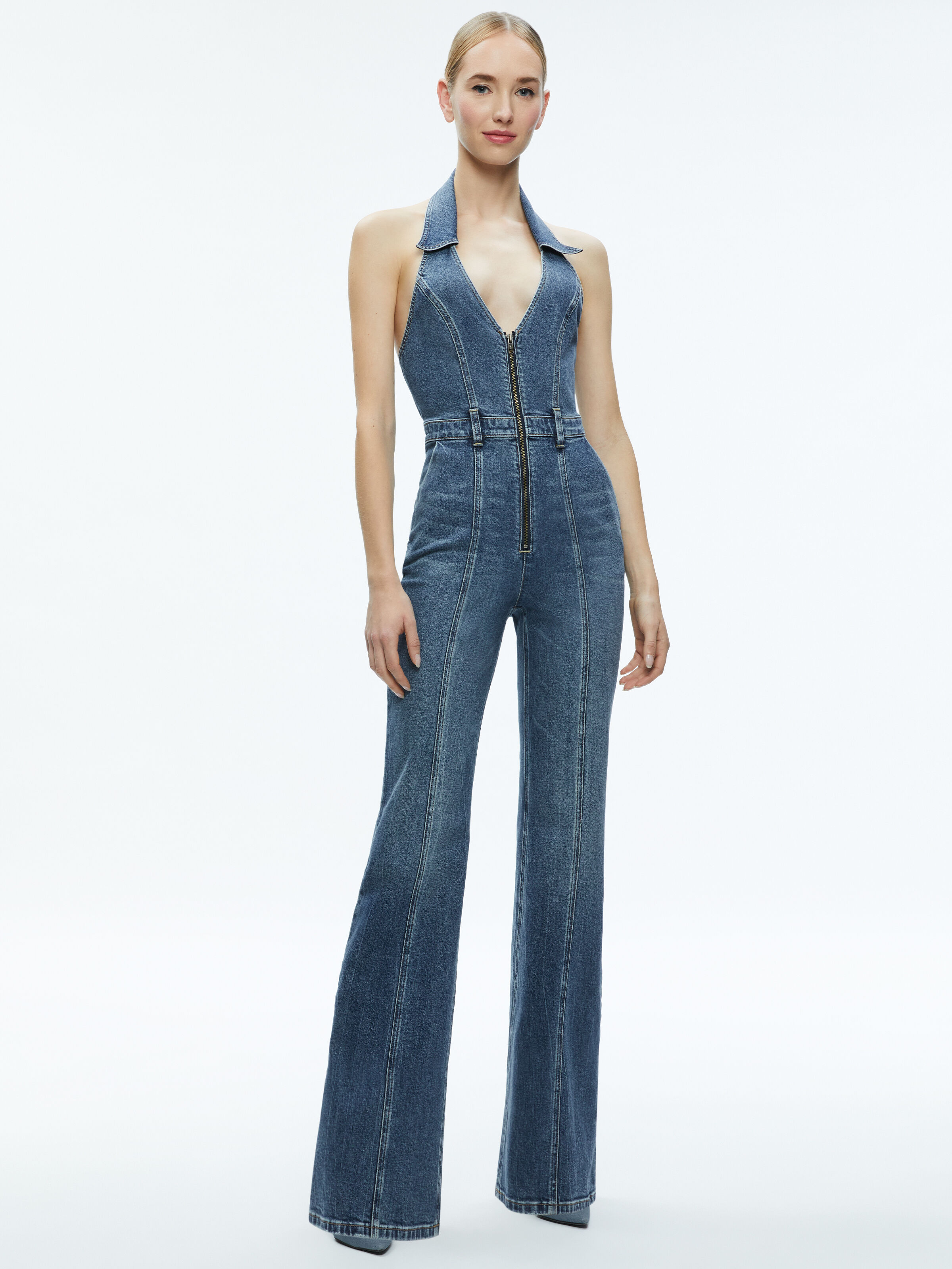 Denim jumpsuit halter discount