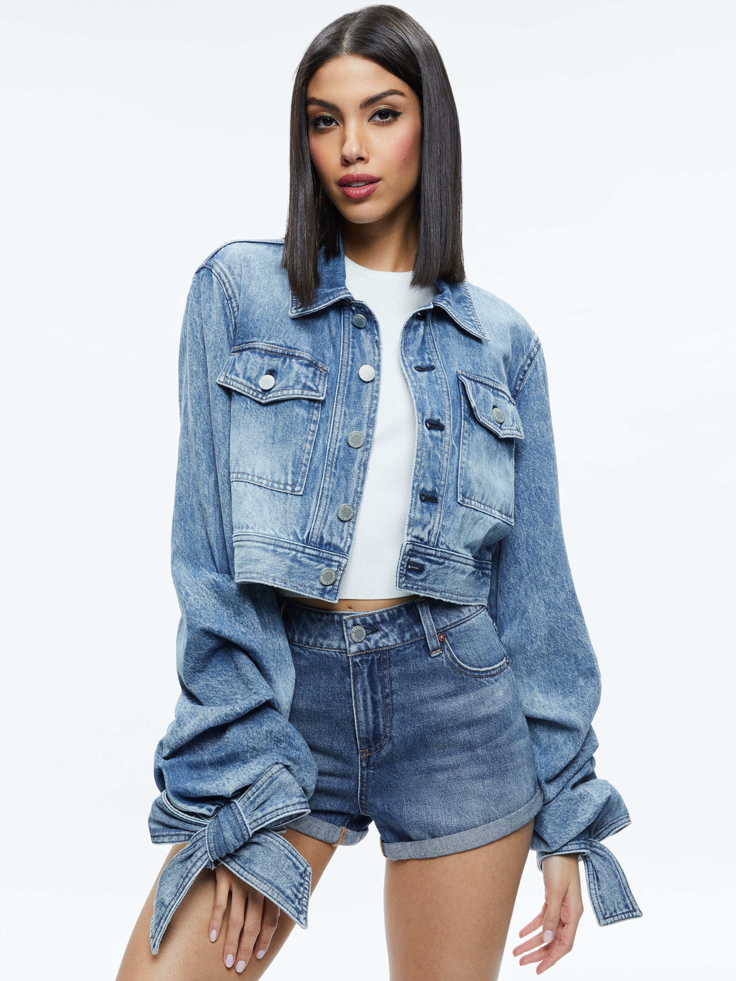 Tiff Denim Jacket With Bow Sleeve In Sullivan Vintage Blue Alice Olivia