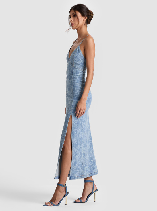LASER PAISLEY-JULIETTA DENIM MIDI DRESS