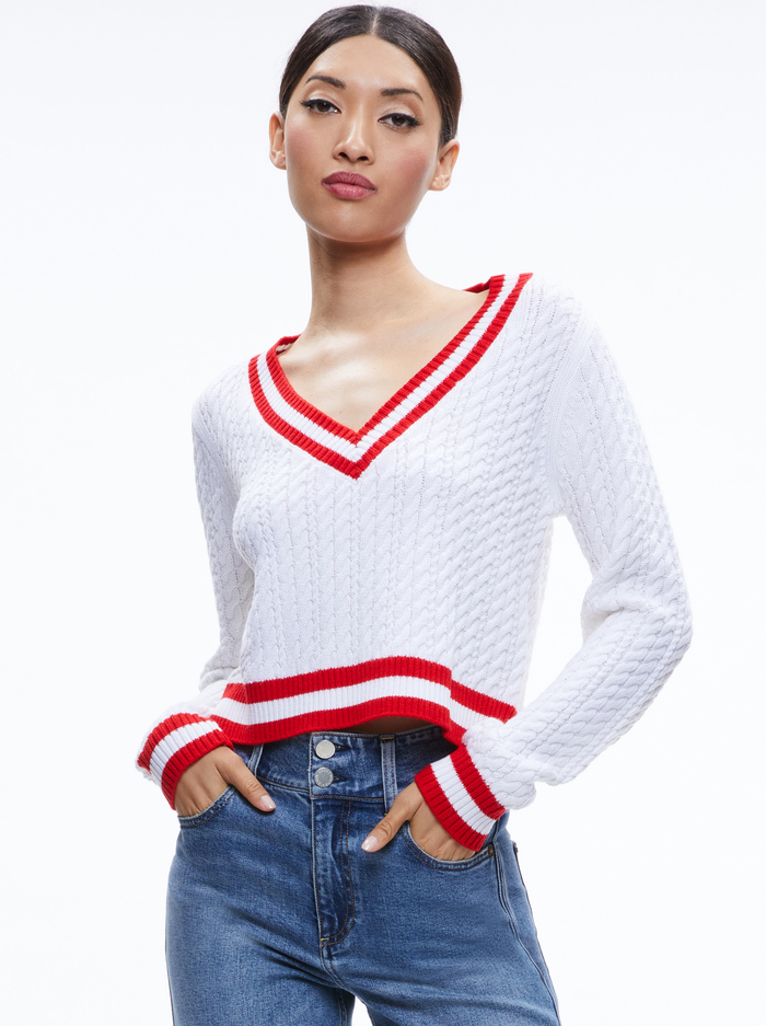 MARIKA CABLE KNIT V-NECK PULLOVER - SOFT WHITE/PERFECT RUBY - Alice And Olivia