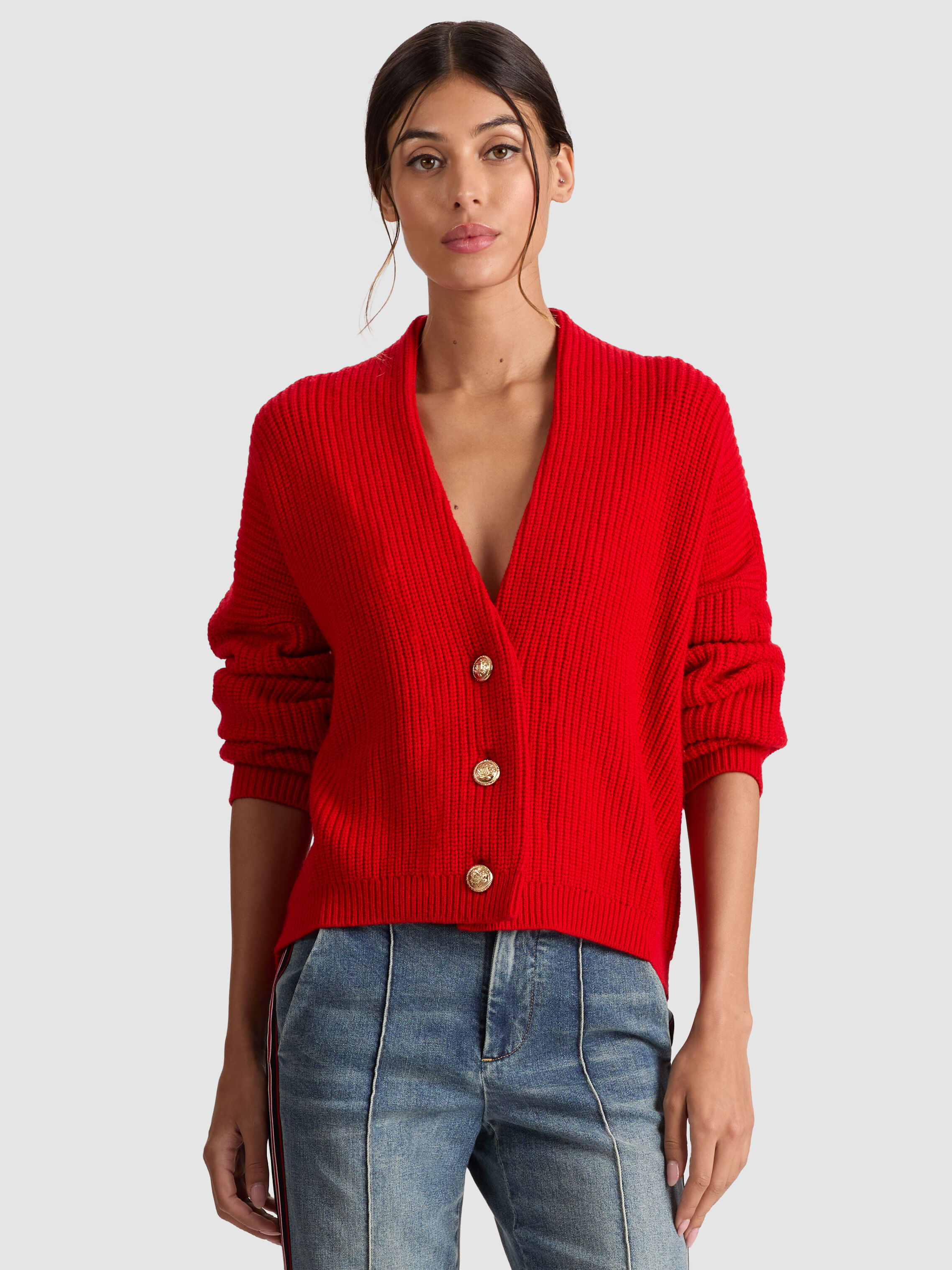 Holden Foldback Cardigan In Perfect Ruby | Alice + Olivia