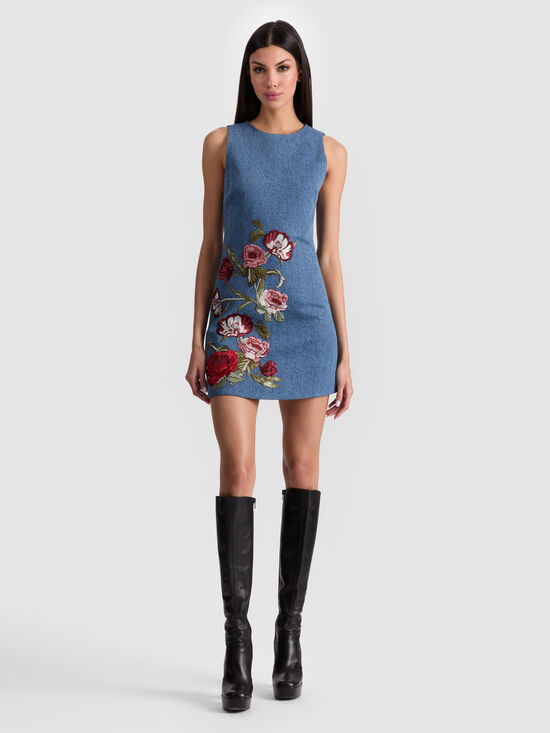 CADE EMBROIDERED DENIM MINI DRESS in BROOKLYN BLUE/MULTI | ALICE + OLIVIA CADE EMBROIDERED DENIM MINI DRESS in BROOKLYN BLUE/MULTI | ALICE + OLIVIA