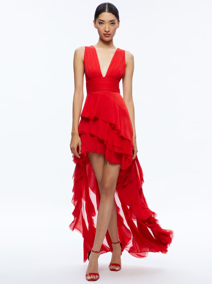 HOLLY ASYMMETRIC RUFFLE MAXI DRESS - BRIGHT RUBY image 4 - Alice And Olivia