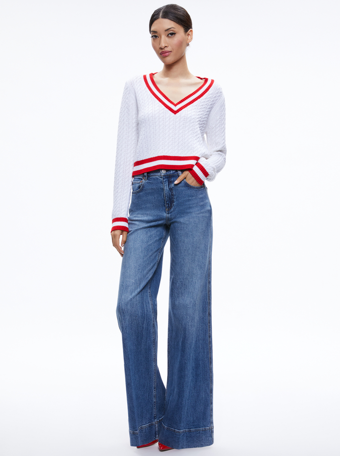 MARIKA CABLE KNIT V-NECK PULLOVER - SOFT WHITE/PERFECT RUBY image 4 - Alice And Olivia