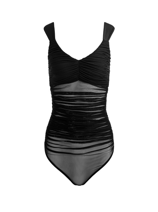 BLACK-RENEE SHEER RUCHED BODYSUIT