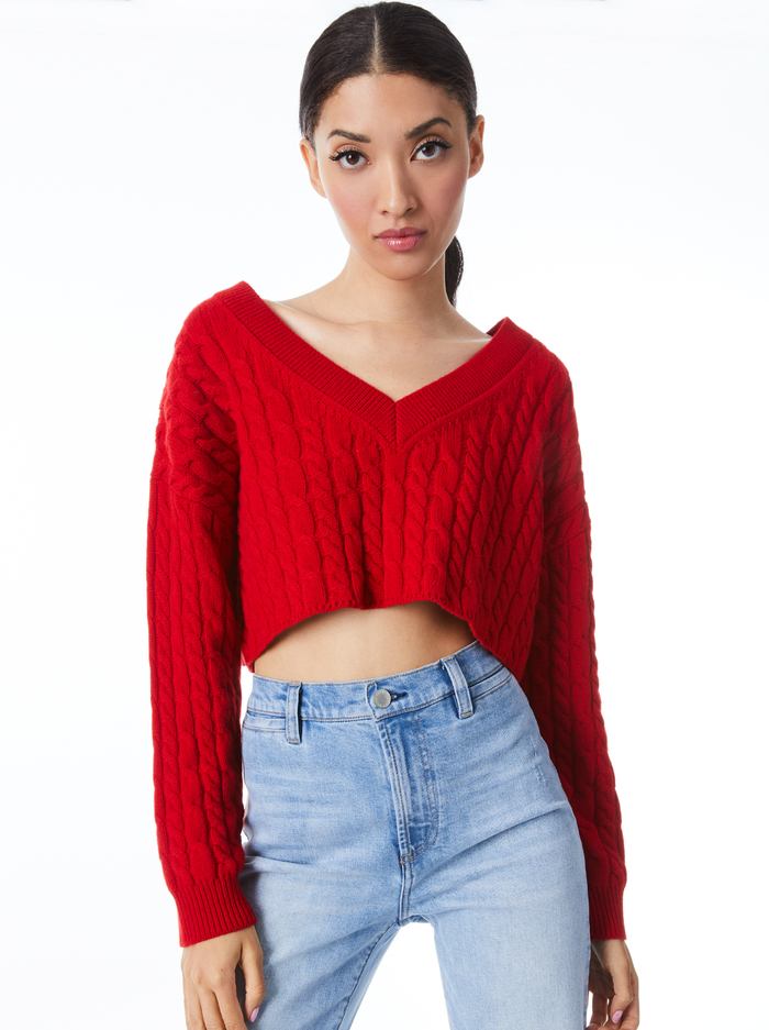 AYDEN CROPPED V-NECK PULLOVER - PERFECT RUBY - Alice And Olivia