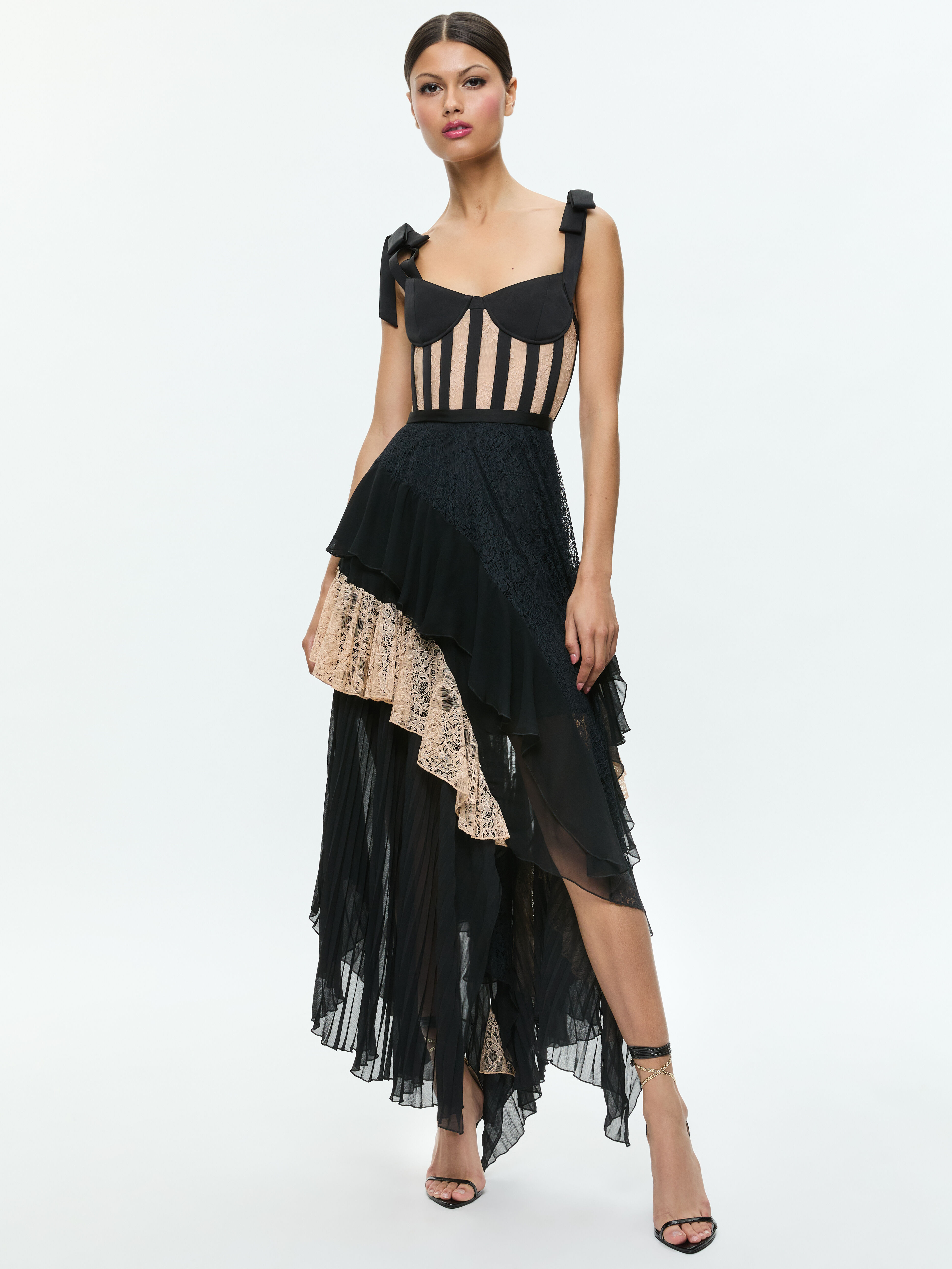 Zaya Bustier Ruffle Maxi Dress In Black almond Alice Olivia
