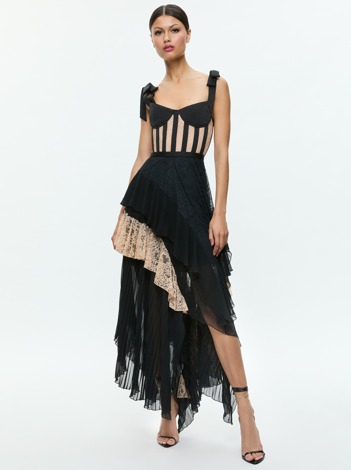 ZAYA BUSTIER RUFFLE MAXI DRESS - BLACK/ALMOND - Alice And Olivia