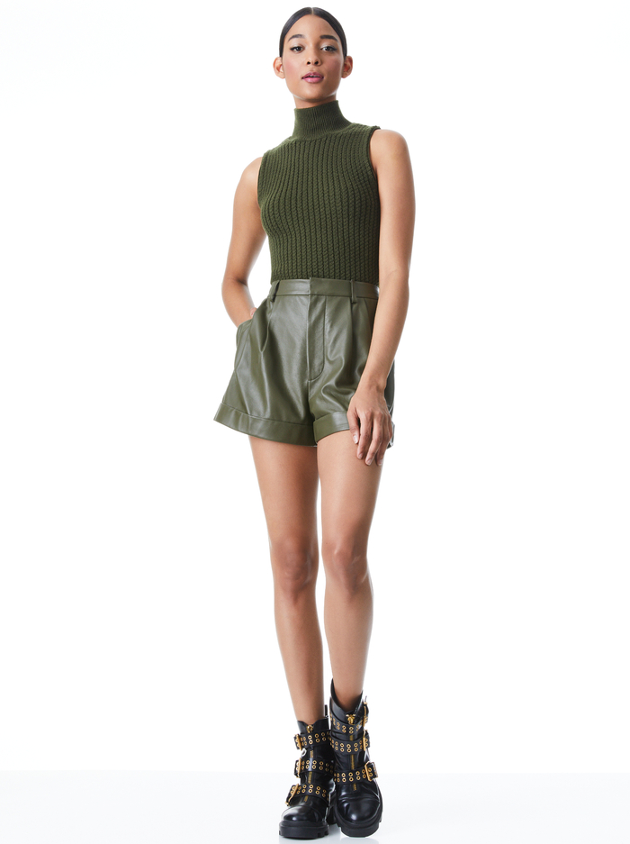 CONRY LEATHER PLEATED CUFF SHORTS - OLIVE image 2 - Alice And Olivia