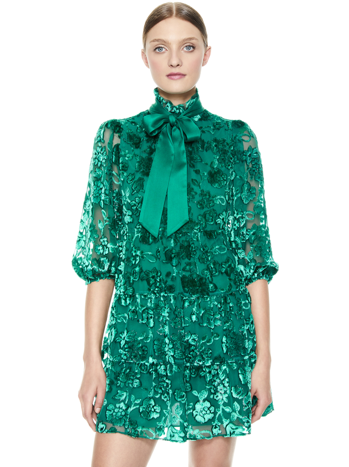 OCTAVIA TIE NECK MINI DRESS - DARK TEAL image 2 - ALICE + OLIVIA