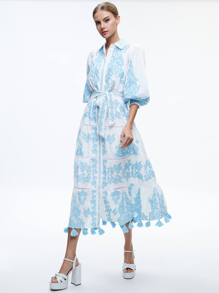 SHIRA EMBROIDERED MIDI TIERED DRESS - OFF WHITE/SPRING SKY image 2 - Alice And Olivia