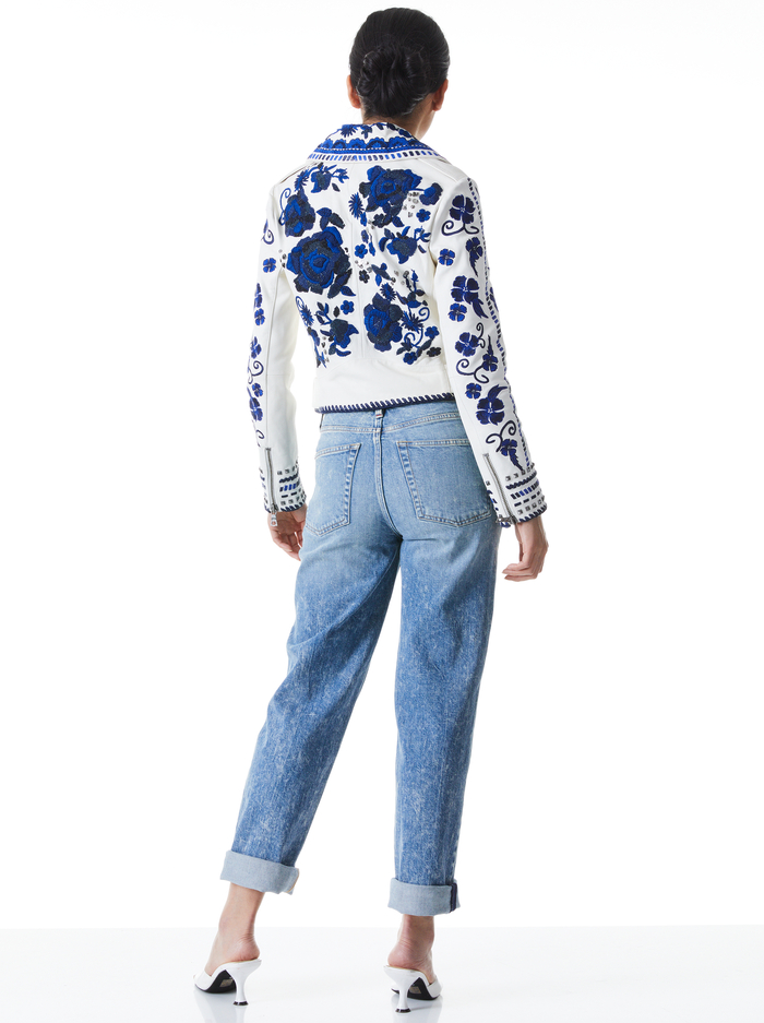CODY EMBROIDERED LEATHER MOTO JACKET - WHITE/MULTI image 1 - Alice And Olivia
