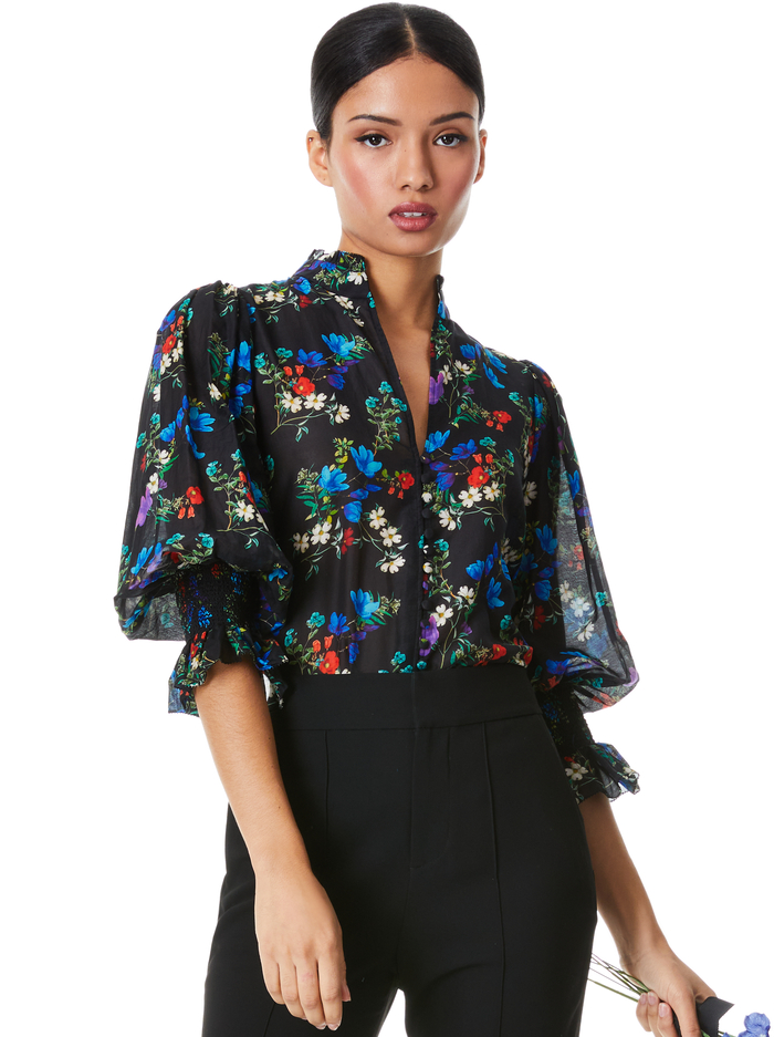 ILAN SMOCKED SLEEVE BUTTON FRONT BLOUSE - BEAUTIFUL BLOOMS SMALL BLACK - Alice And Olivia
