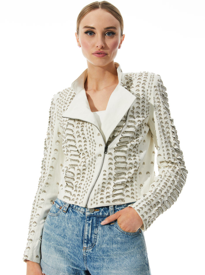 JACE EMBELLISHED LEATHER MOTO JACKET - WHITE - Alice And Olivia