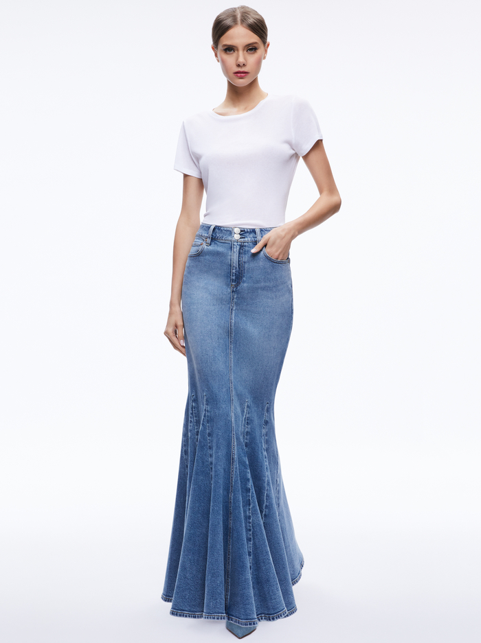 NALA DENIM GODET MAXI SKIRT - AVERY BLUE image 4 - Alice And Olivia