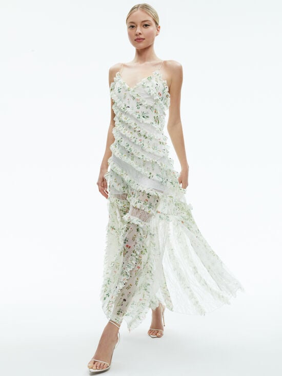 SONDRA LACE RUFFLED MAXI DRESS in GEORGIA FLORAL | ALICE + OLIVIA