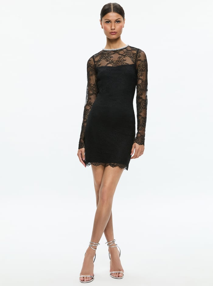 DELORA EMBELLISHED NECK LONG SLEEVE LACE MINI DRESS - BLACK - Alice And Olivia