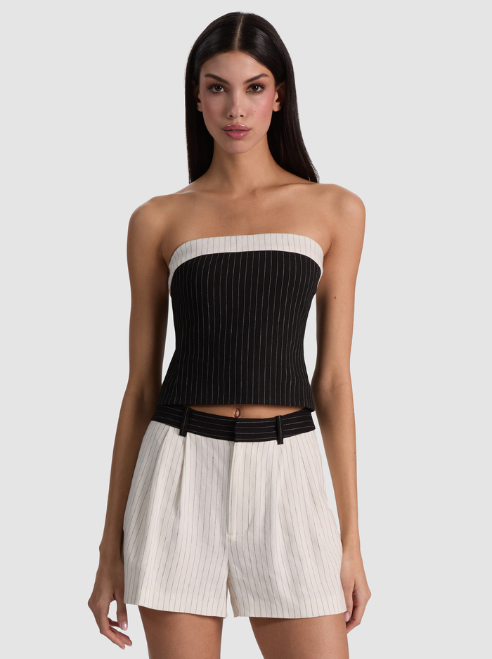 KELLY LINEN STRAPLESS TOP - BLACK/OFF WHITE PINSTRIPE - ALICE + OLIVIA